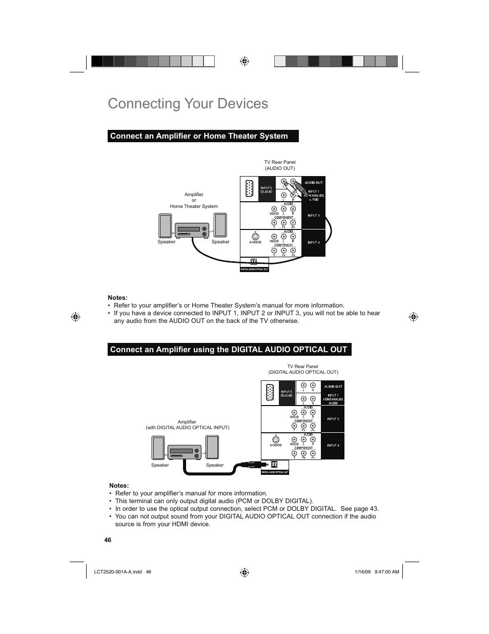 Connect an amplifier or home theater system, Connecting your devices | JVC 0109TSH-II-IM User Manual | Page 46 / 56