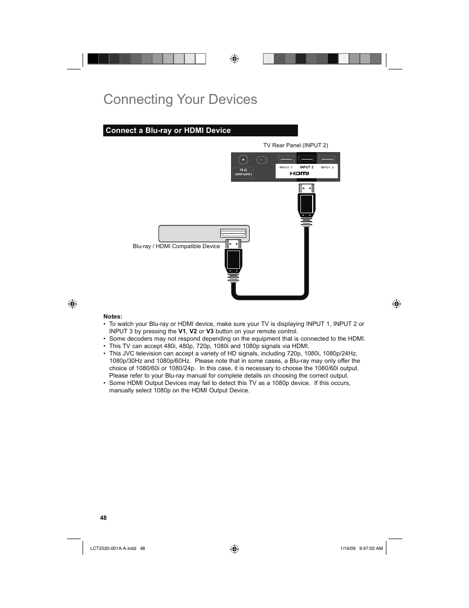 Connect a blu-ray or hdmi device, Connecting your devices | JVC 0109TSH-II-IM User Manual | Page 48 / 56