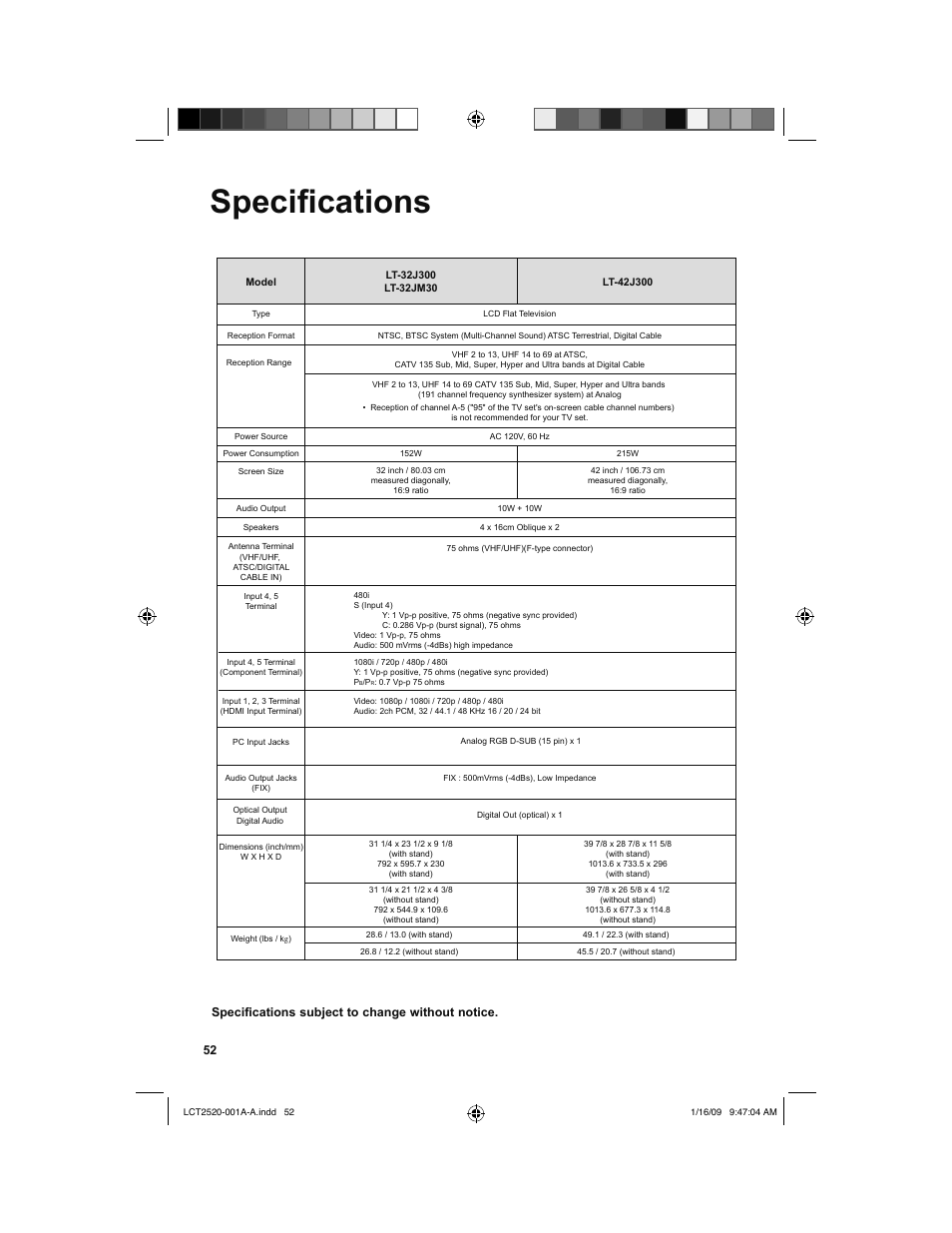 Specifications, Specifi cations, Specifications subject to change without notice | JVC 0109TSH-II-IM User Manual | Page 52 / 56