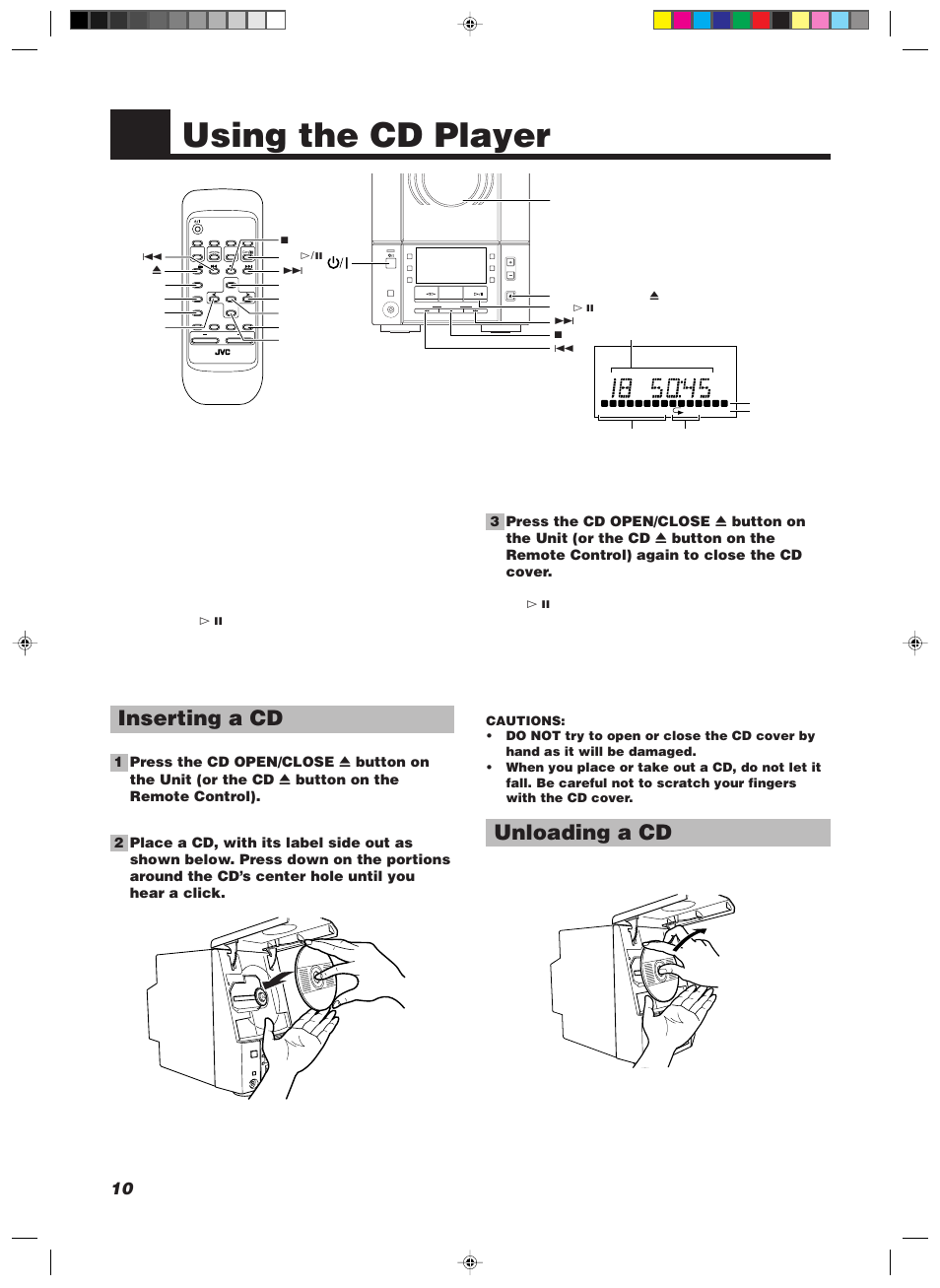 Using the cd player, Inserting a cd, Unloading a cd | Down up multi control, Aux rec rev mode ahb pro timer clock, Open/close, Compact digital audio | JVC UX-V100 User Manual | Page 12 / 24