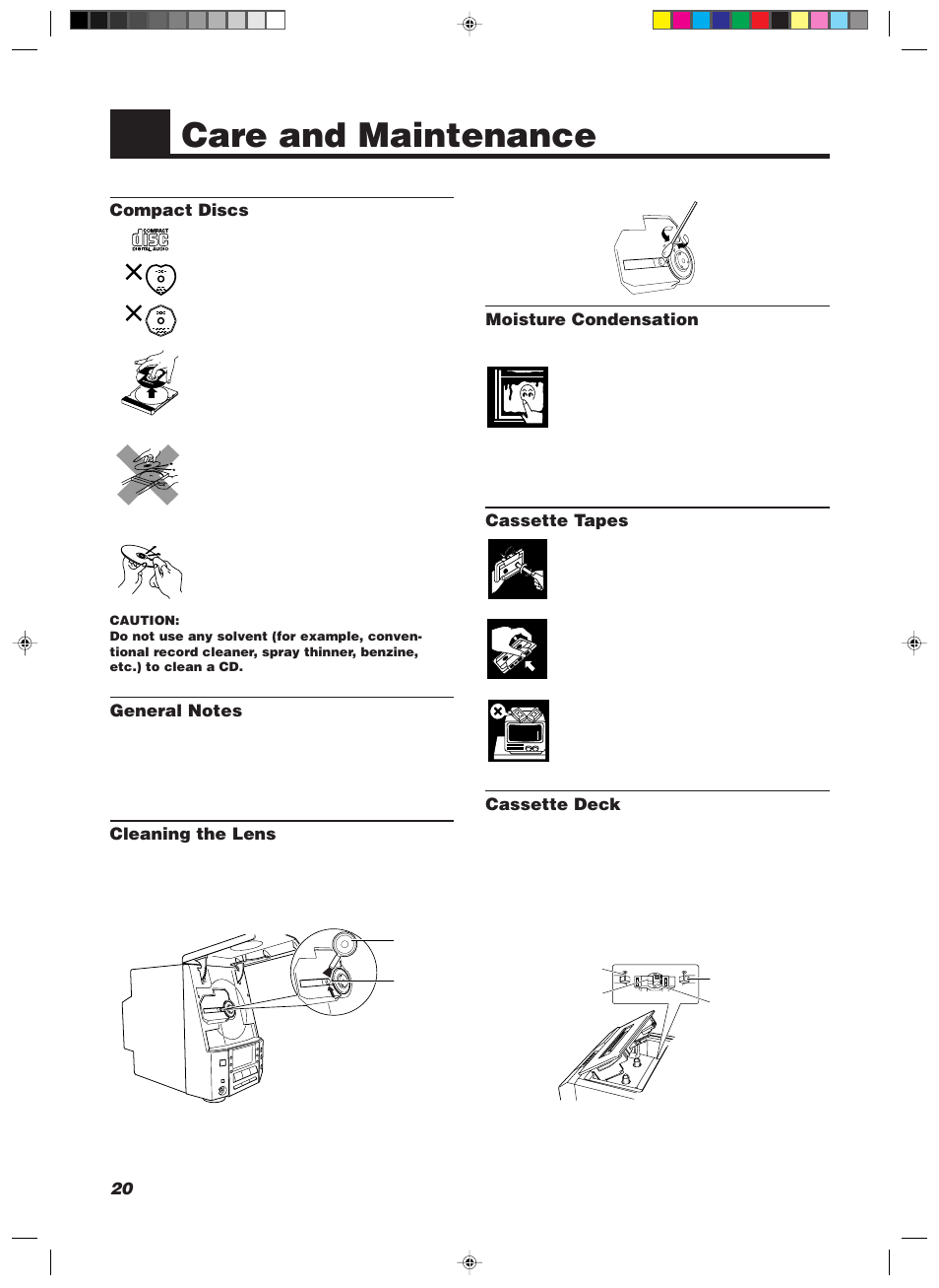 Care and maintenance, Moisture condensation, Cassette tapes | Cassette deck, Compact discs, Cleaning the lens | JVC UX-V100 User Manual | Page 22 / 24