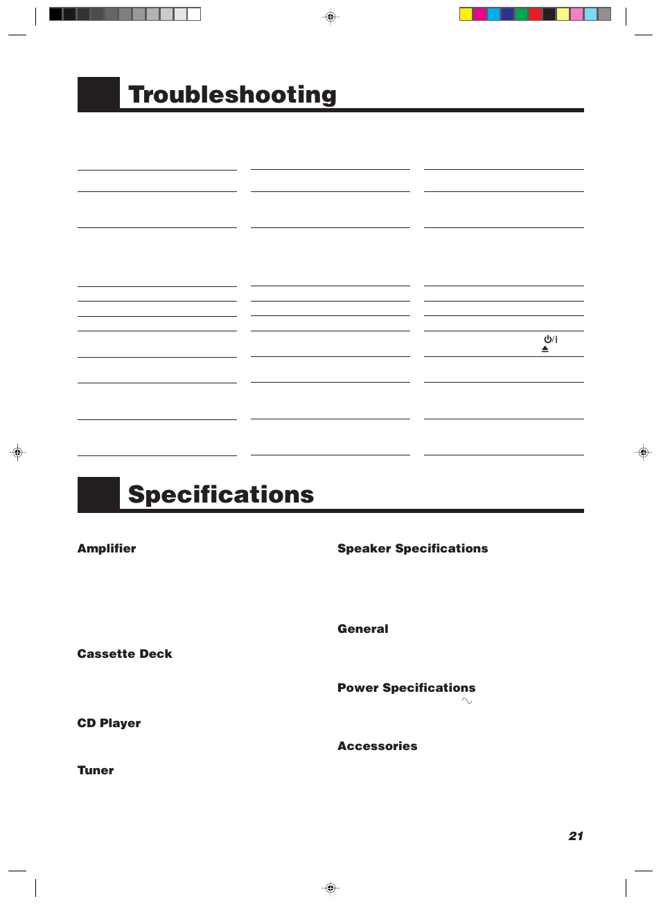 Troubleshooting, Specifications, Speaker specifications | General, Power specifications, Accessories, Amplifier, Cassette deck, Cd player, Tuner | JVC UX-V100 User Manual | Page 23 / 24