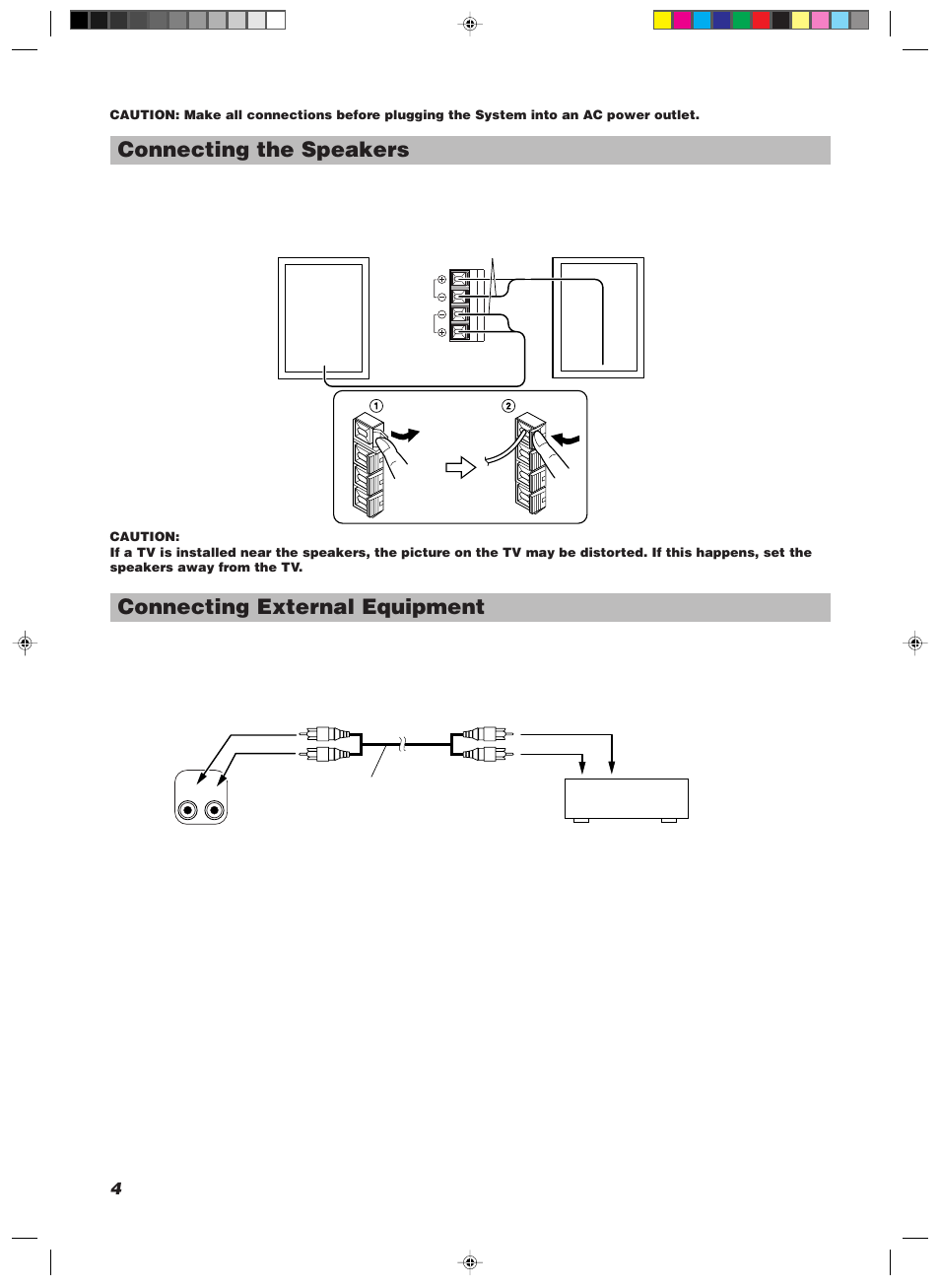 Connecting the speakers, Connecting external equipment | JVC UX-V100 User Manual | Page 6 / 24