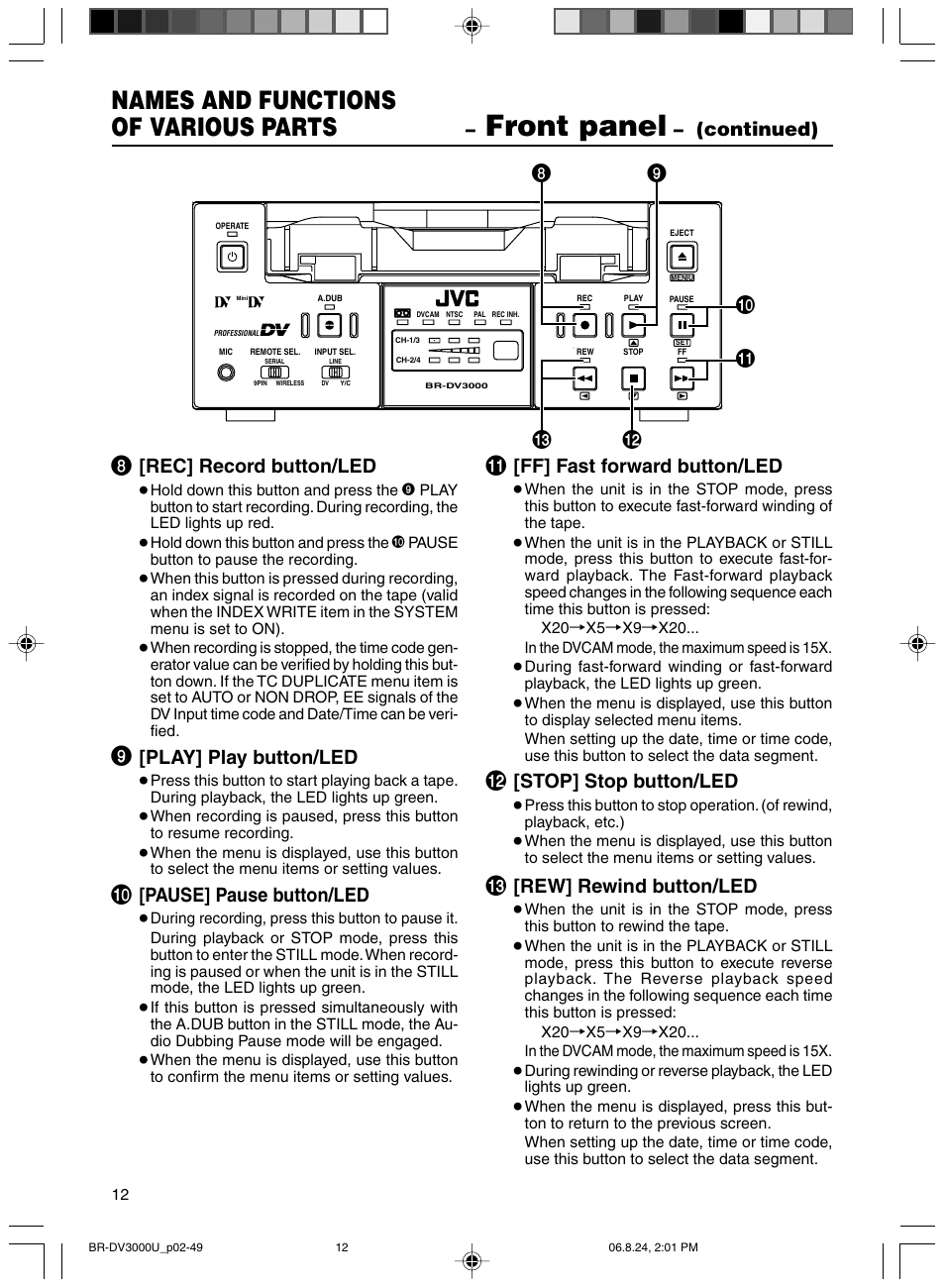 Front panel, Names and functions of various parts, Continued) | Rec] record button/led, Play] play button/led, Pause] pause button/led, Ff] fast forward button/led, Stop] stop button/led, Rew] rewind button/led | JVC BR-DV3000U User Manual | Page 12 / 72