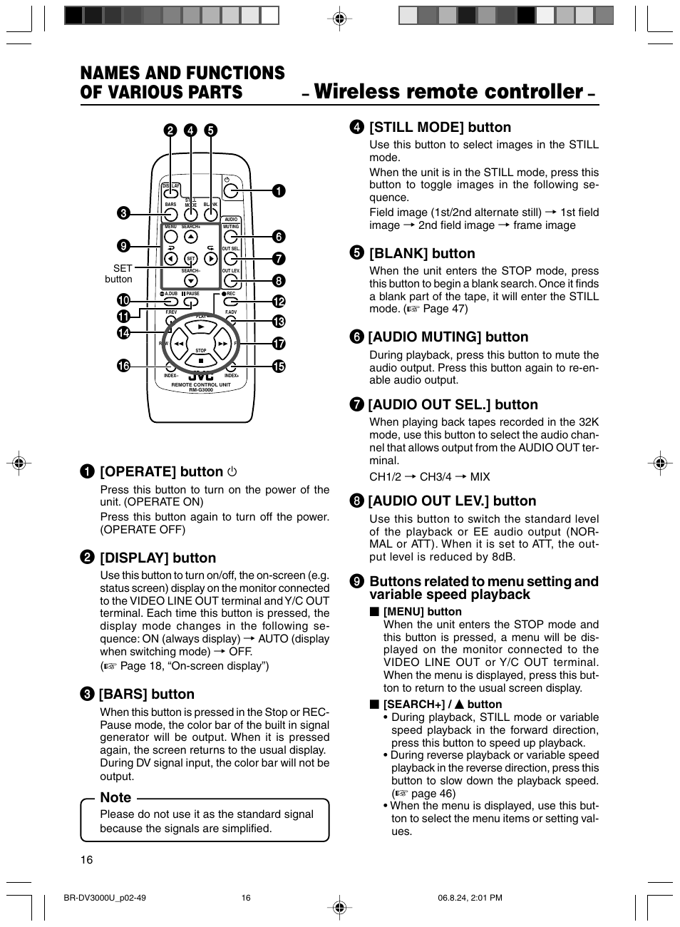 Wireless remote controller, Names and functions of various parts, Operate] button f | Display] button, Bars] button, Still mode] button, Blank] button, Audio muting] button, Audio out sel.] button, Audio out lev.] button | JVC BR-DV3000U User Manual | Page 16 / 72