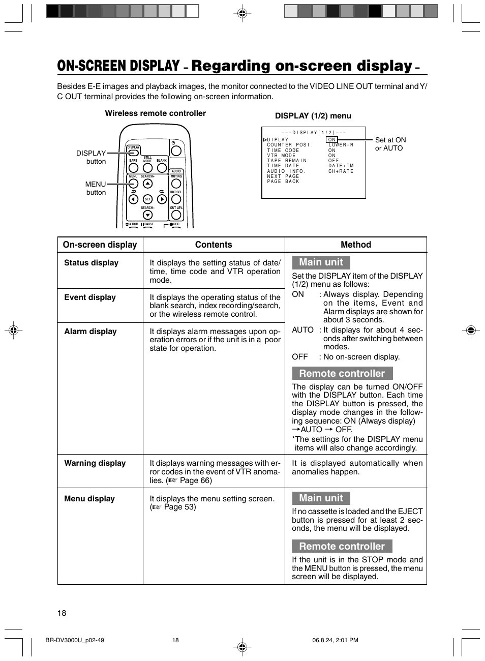 On-screen display, Regarding on-screen display, Main unit | Remote controller, On-screen display contents method | JVC BR-DV3000U User Manual | Page 18 / 72