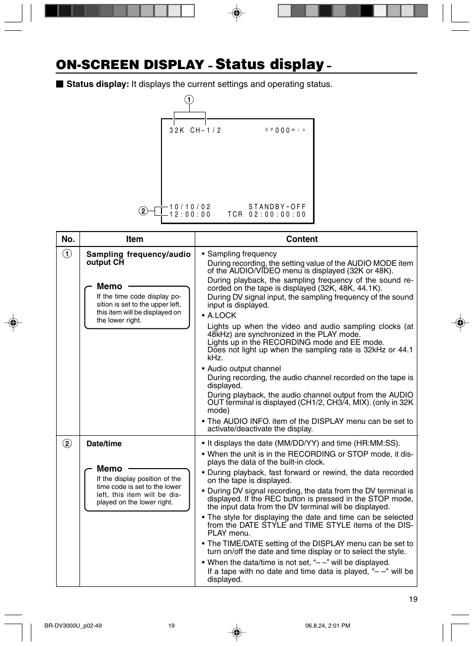 Status display, On-screen display | JVC BR-DV3000U User Manual | Page 19 / 72