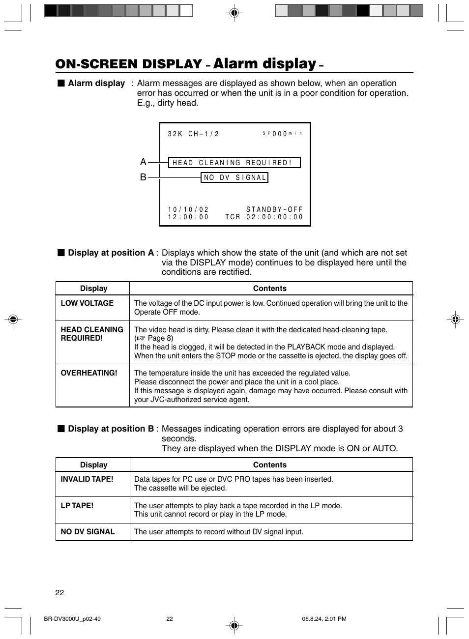 Alarm display, On-screen display | JVC BR-DV3000U User Manual | Page 22 / 72