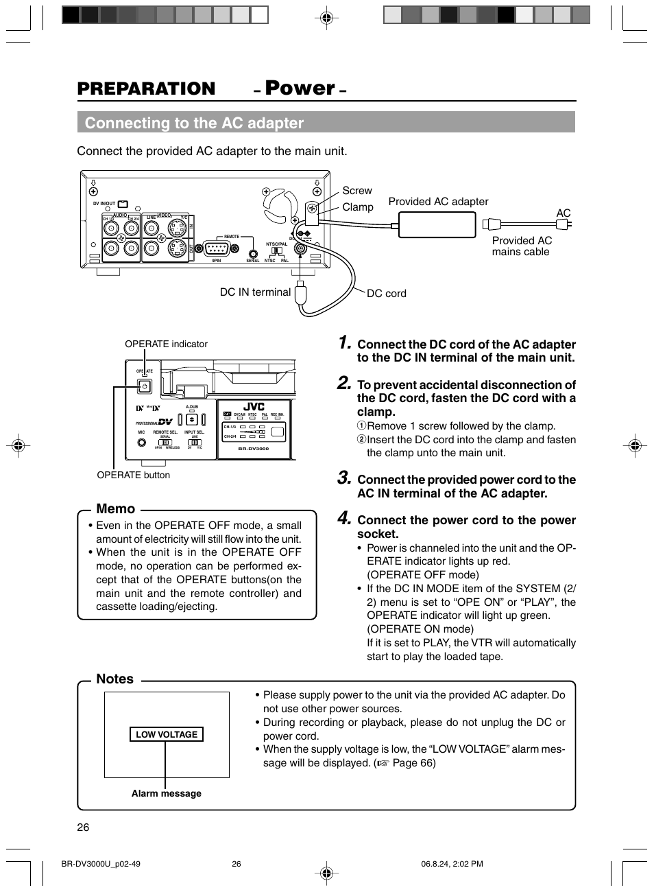Power, Preparation, Connecting to the ac adapter | Connect the provided ac adapter to the main unit, Connect the power cord to the power socket | JVC BR-DV3000U User Manual | Page 26 / 72
