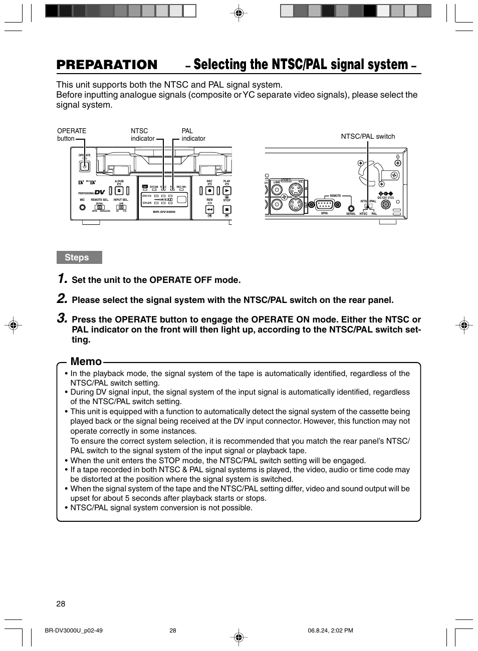 Selecting the ntsc/pal signal system, Preparation, Steps | Set the unit to the operate off mode | JVC BR-DV3000U User Manual | Page 28 / 72