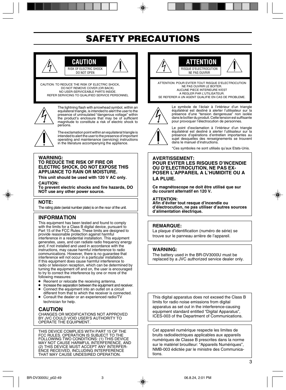 Safety precautions, Caution, Attention | Information | JVC BR-DV3000U User Manual | Page 3 / 72