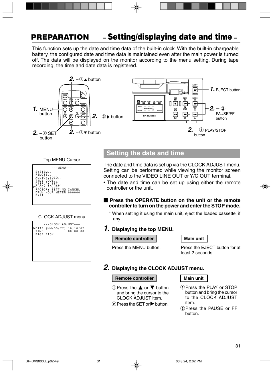 Setting/displaying date and time, Preparation, Setting the date and time | Displaying the top menu, Displaying the clock adjust menu | JVC BR-DV3000U User Manual | Page 31 / 72