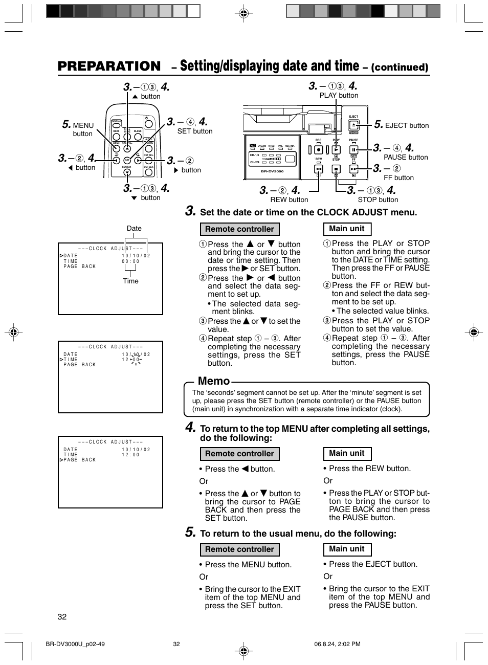 Setting/displaying date and time, Preparation, Continued) | JVC BR-DV3000U User Manual | Page 32 / 72