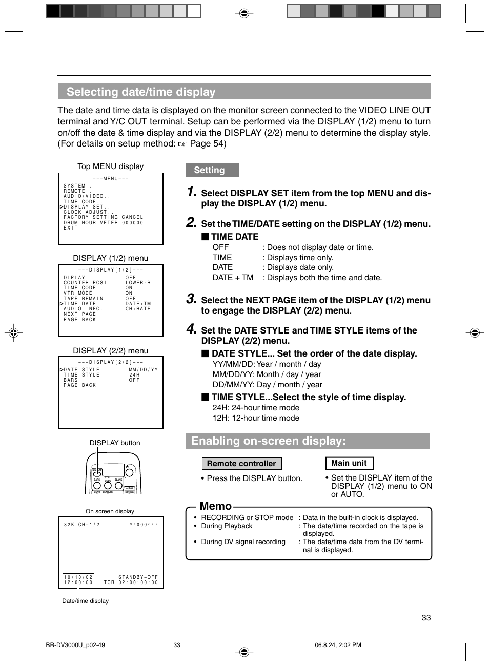 Selecting date/time display, Enabling on-screen display, Page 54) | Setting, Time style...select the style of time display | JVC BR-DV3000U User Manual | Page 33 / 72