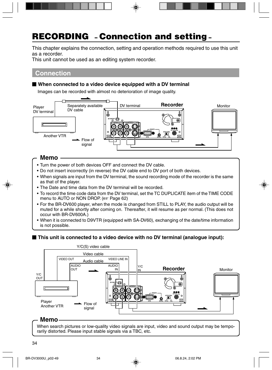 Recording, Connection and setting, Connection | Recorder | JVC BR-DV3000U User Manual | Page 34 / 72