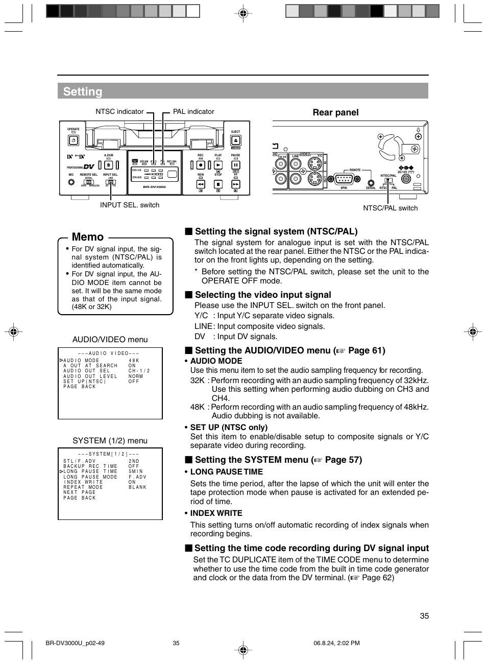 Setting, Rear panel, Setting the signal system (ntsc/pal) | Selecting the video input signal, Setting the audio/video menu, Page 61), Setting the system menu ( ☞ page 57), Audio/video menu system (1/2) menu, Page 62) | JVC BR-DV3000U User Manual | Page 35 / 72