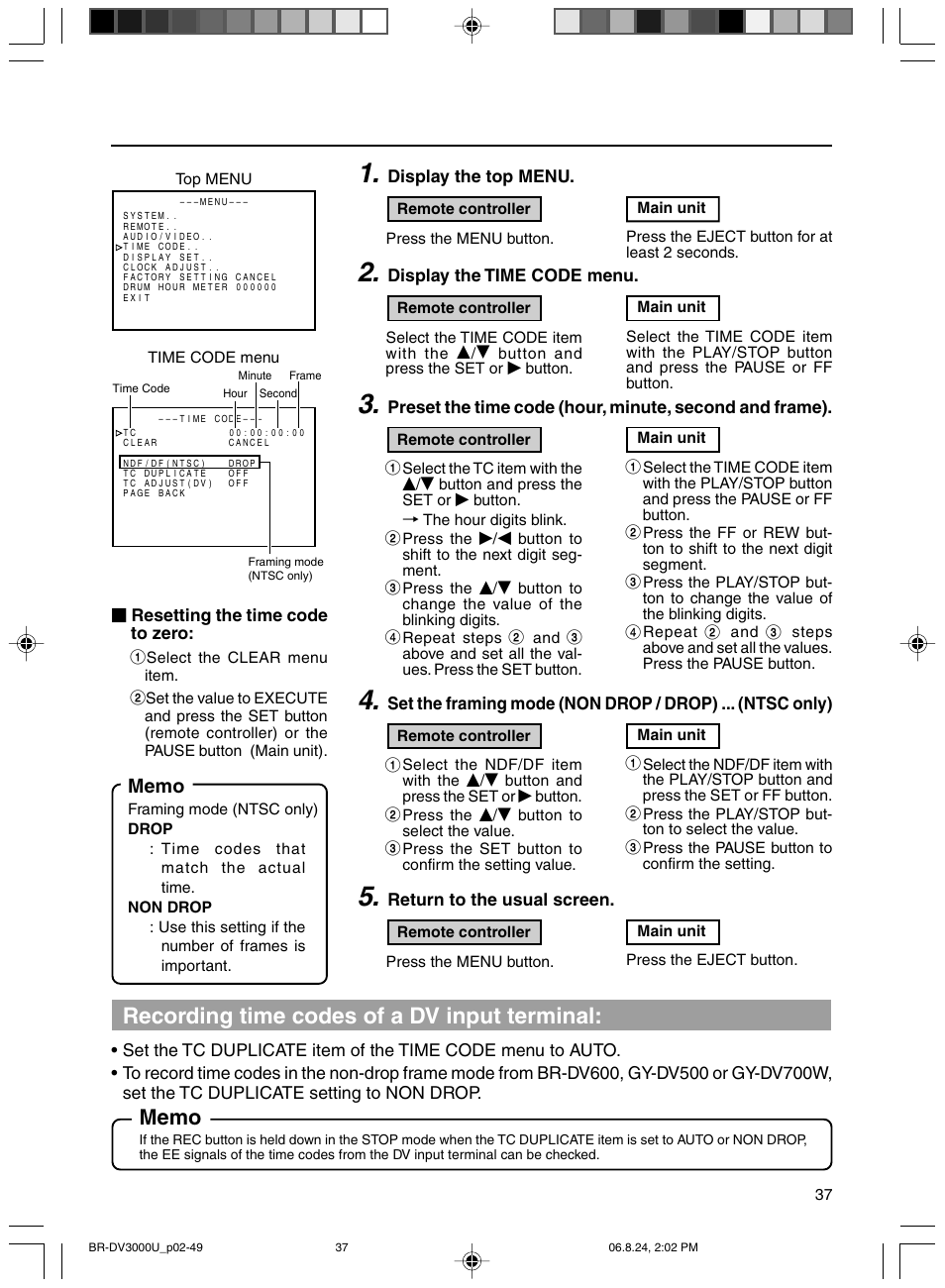 Recording time codes of a dv input terminal | JVC BR-DV3000U User Manual | Page 37 / 72