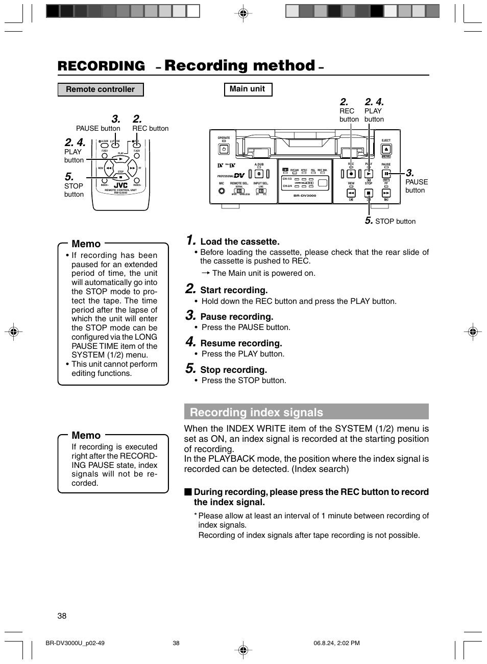 Recording method, Recording, Recording index signals | Load the cassette, Start recording, Pause recording, Resume recording, Stop recording | JVC BR-DV3000U User Manual | Page 38 / 72