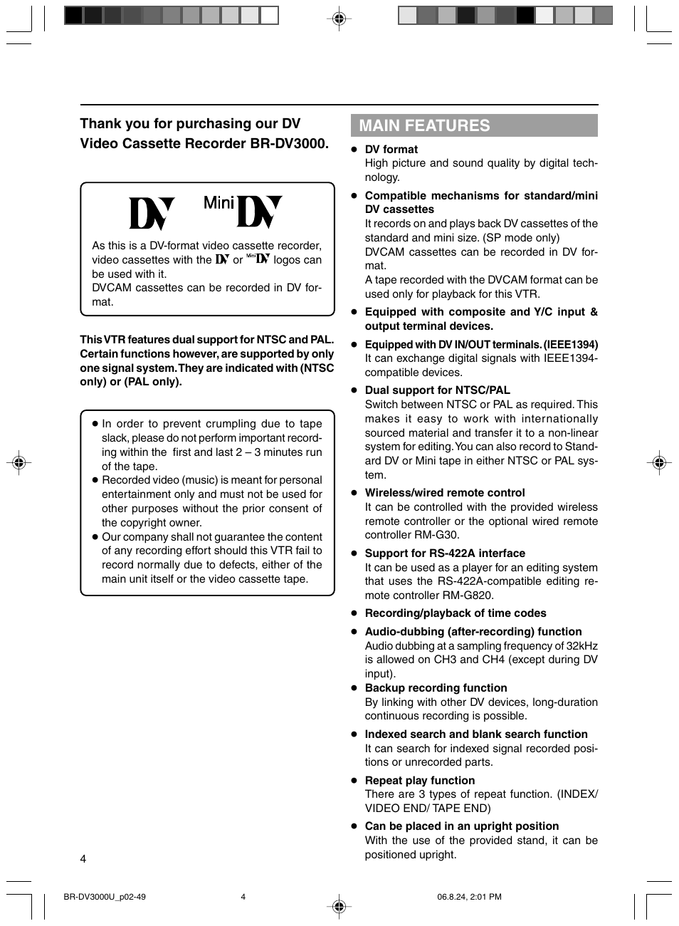 Main features | JVC BR-DV3000U User Manual | Page 4 / 72