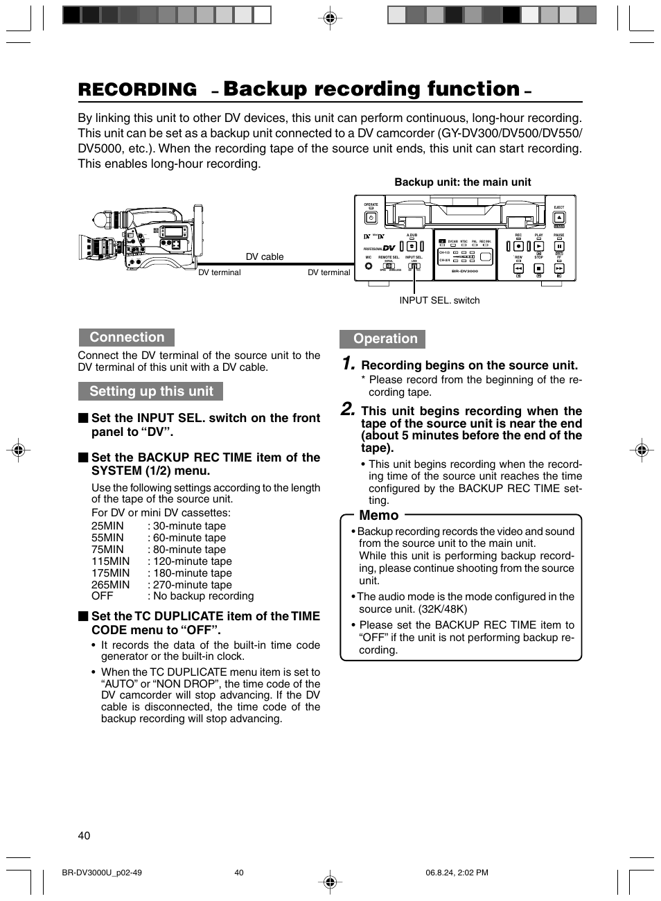 Backup recording function, Recording, Connection | Setting up this unit, Operation, Recording begins on the source unit | JVC BR-DV3000U User Manual | Page 40 / 72