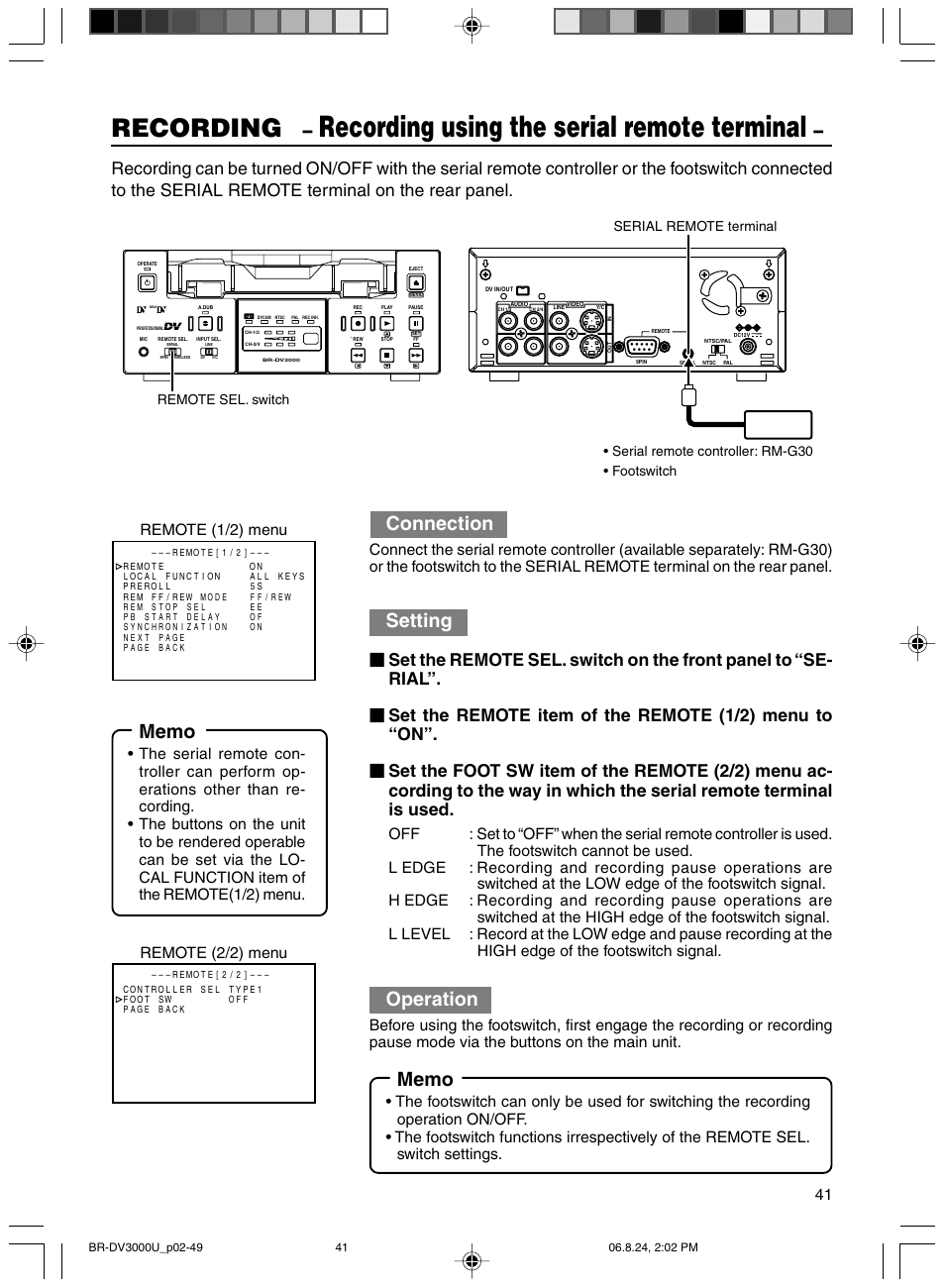 Recording using the serial remote terminal, Recording, Connection | Setting, Operation, Remote (1/2) menu remote (2/2) menu | JVC BR-DV3000U User Manual | Page 41 / 72
