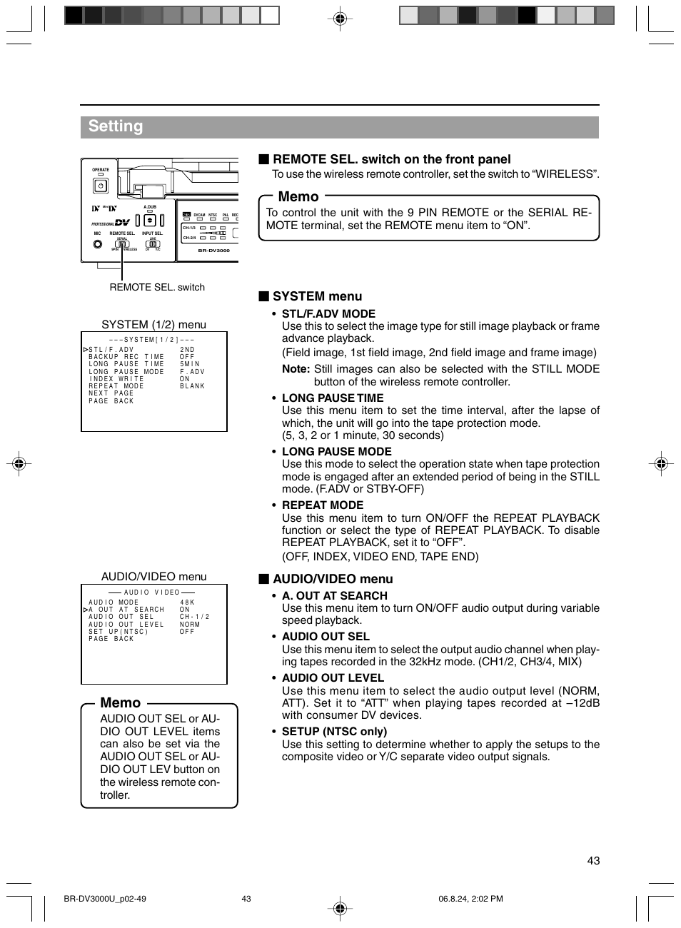 Setting, Remote sel. switch on the front panel, System menu | Audio/video menu, System (1/2) menu audio/video menu | JVC BR-DV3000U User Manual | Page 43 / 72