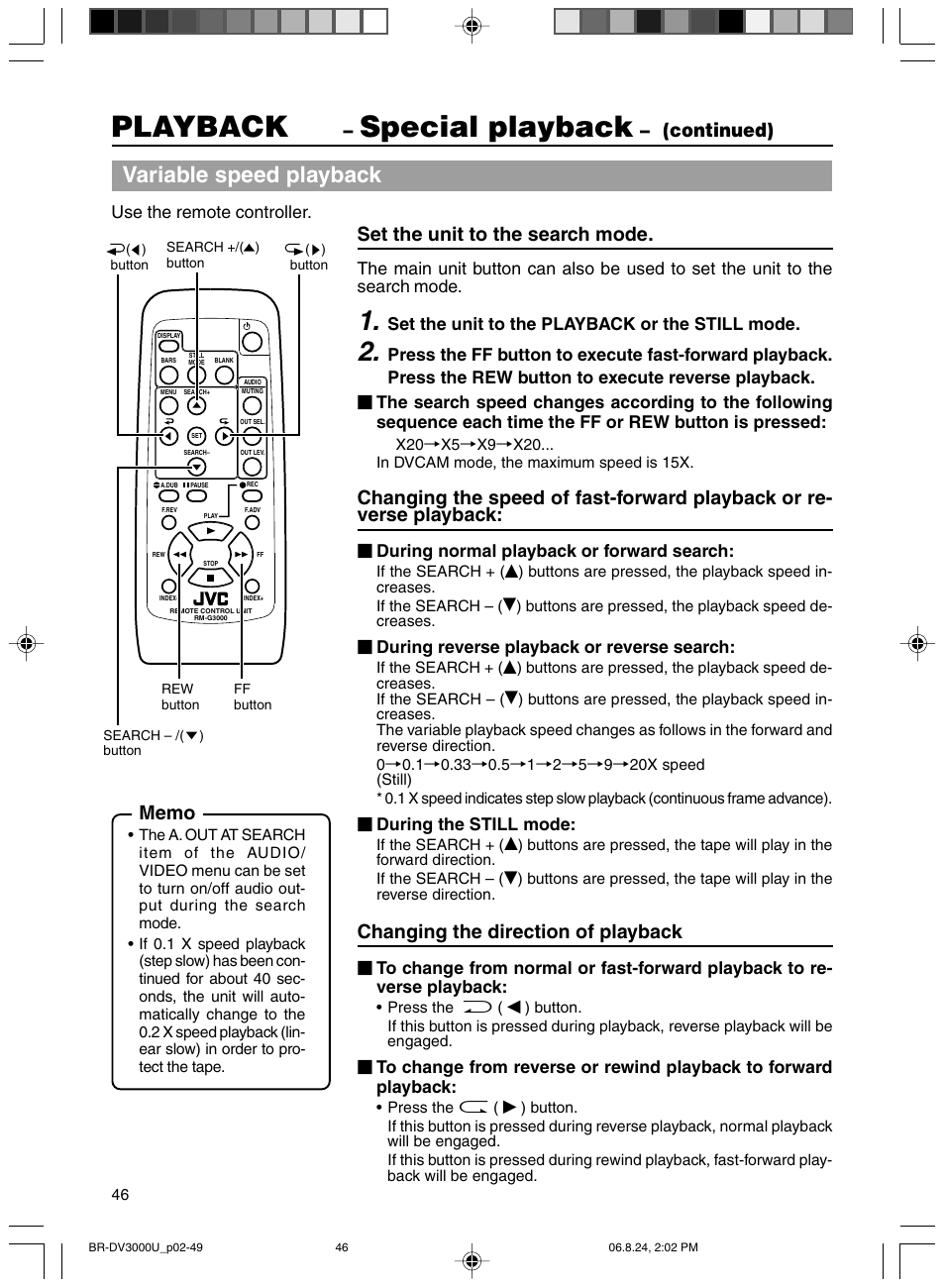 Playback, Special playback, Variable speed playback | Continued), Set the unit to the search mode, Changing the direction of playback | JVC BR-DV3000U User Manual | Page 46 / 72