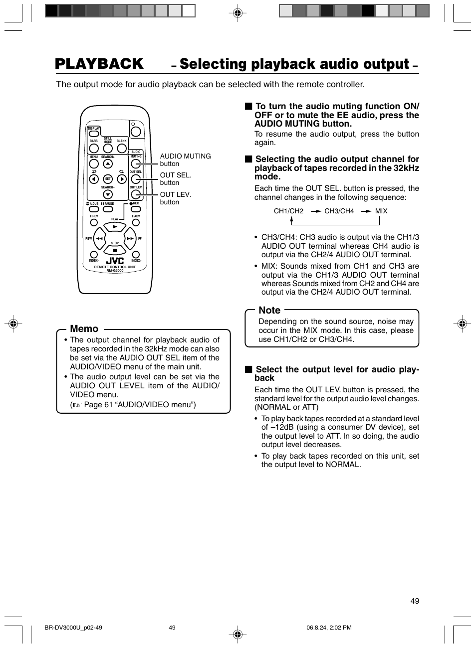 Selecting playback audio output, Playback, Select the output level for audio play- back | JVC BR-DV3000U User Manual | Page 49 / 72
