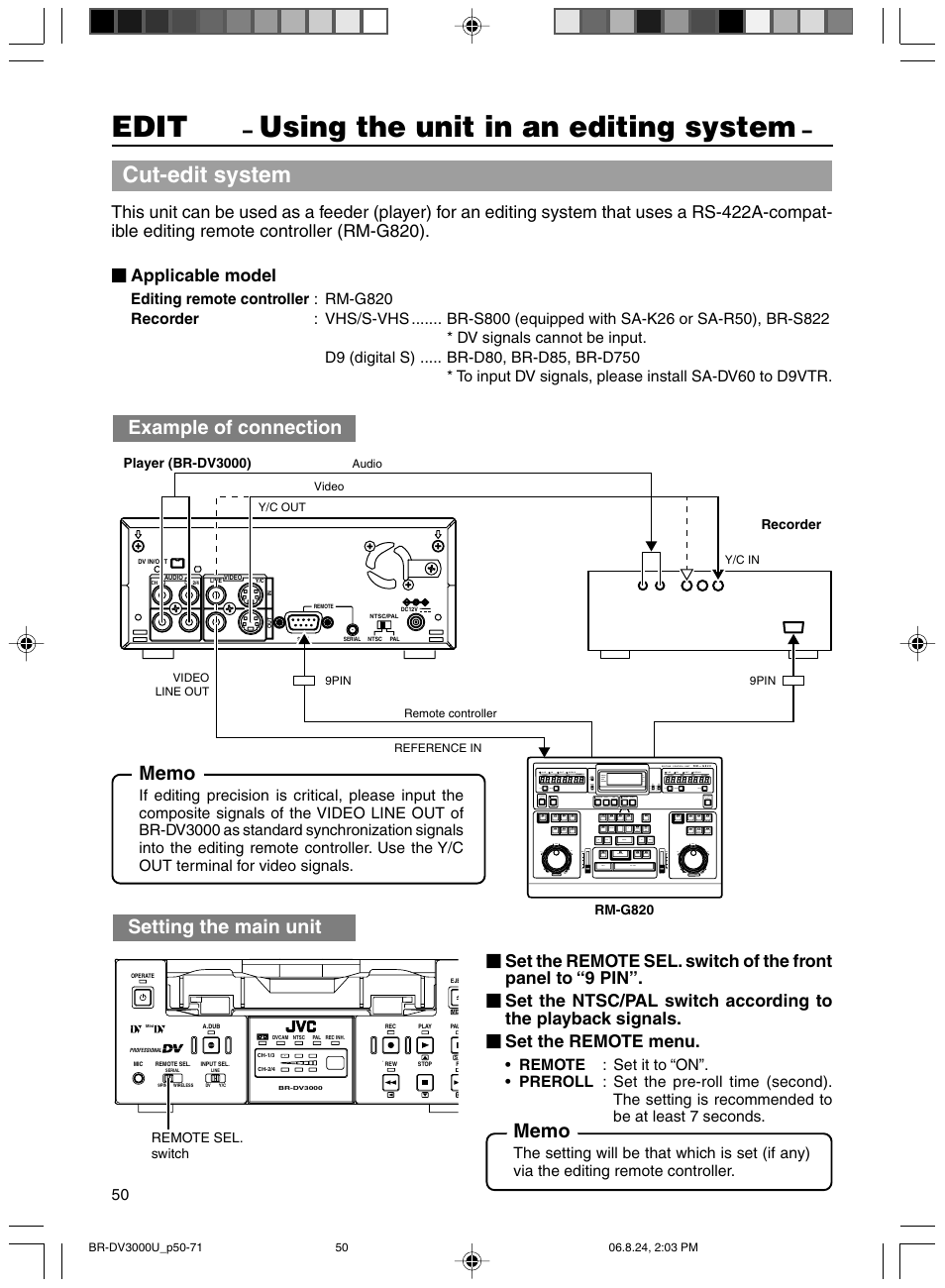 Edit, Using the unit in an editing system, Cut-edit system | Example of connection, Setting the main unit | JVC BR-DV3000U User Manual | Page 50 / 72