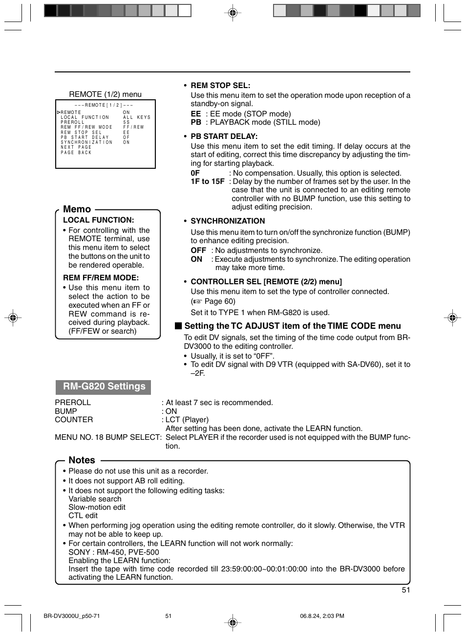 Rm-g820 settings, Setting the tc adjust item of the time code menu | JVC BR-DV3000U User Manual | Page 51 / 72