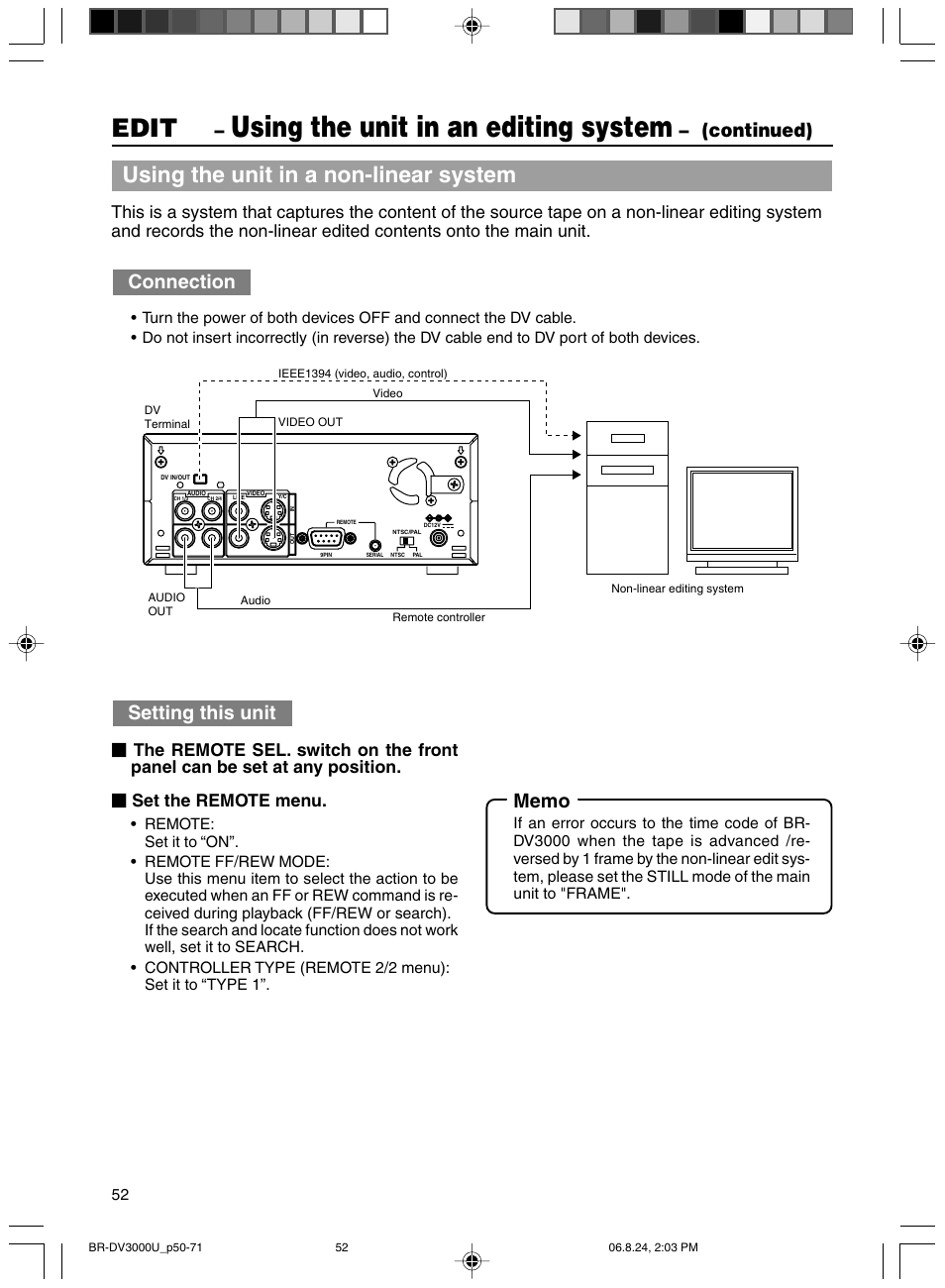 Using the unit in an editing system, Edit, Using the unit in a non-linear system | Continued) connection, Setting this unit | JVC BR-DV3000U User Manual | Page 52 / 72