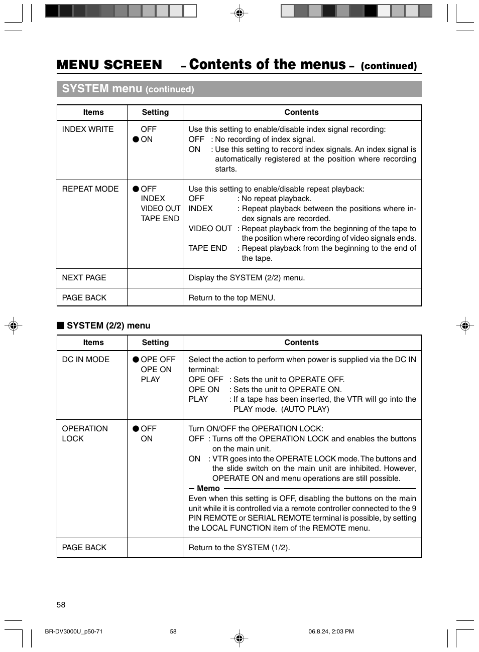 Contents of the menus, Menu screen, System menu | Continued) | JVC BR-DV3000U User Manual | Page 58 / 72