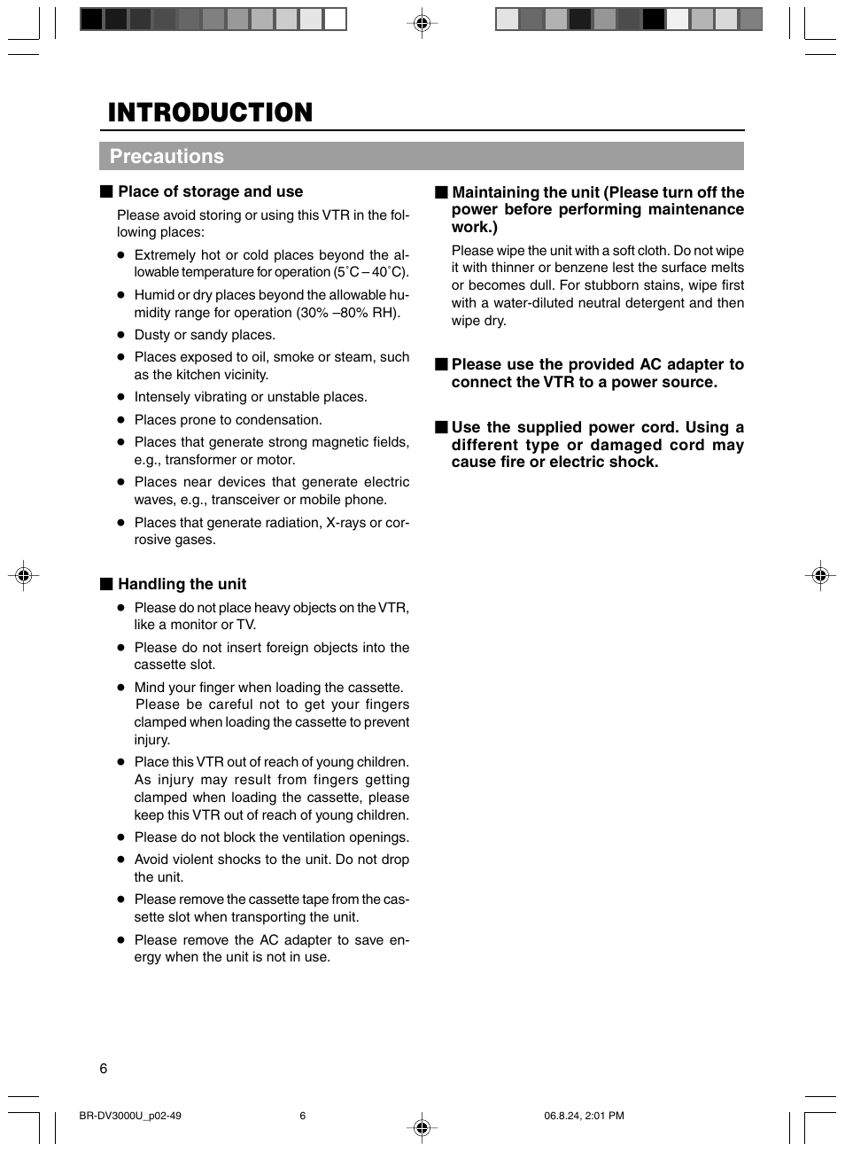 Introduction, Precautions | JVC BR-DV3000U User Manual | Page 6 / 72