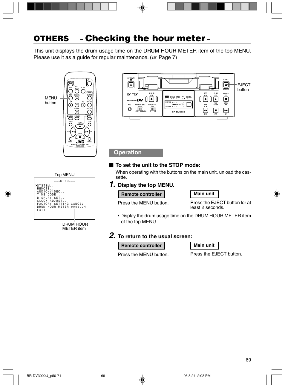 Checking the hour meter, Others, Operation | Page 7), Display the top menu | JVC BR-DV3000U User Manual | Page 69 / 72