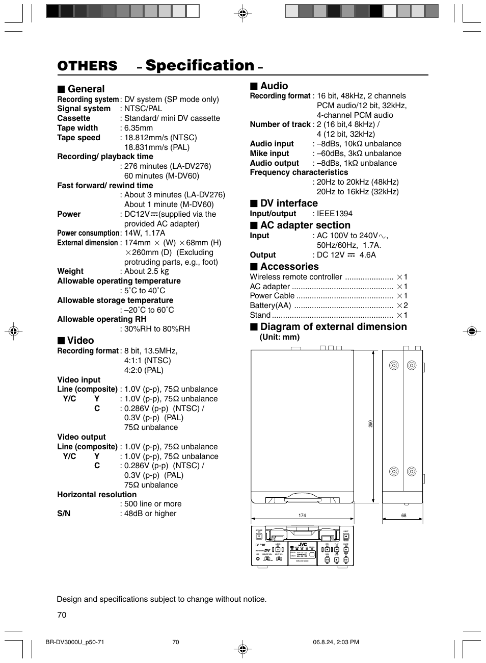 Specification, Others, General | Video, Audio, Dv interface, Accessories, Diagram of external dimension | JVC BR-DV3000U User Manual | Page 70 / 72