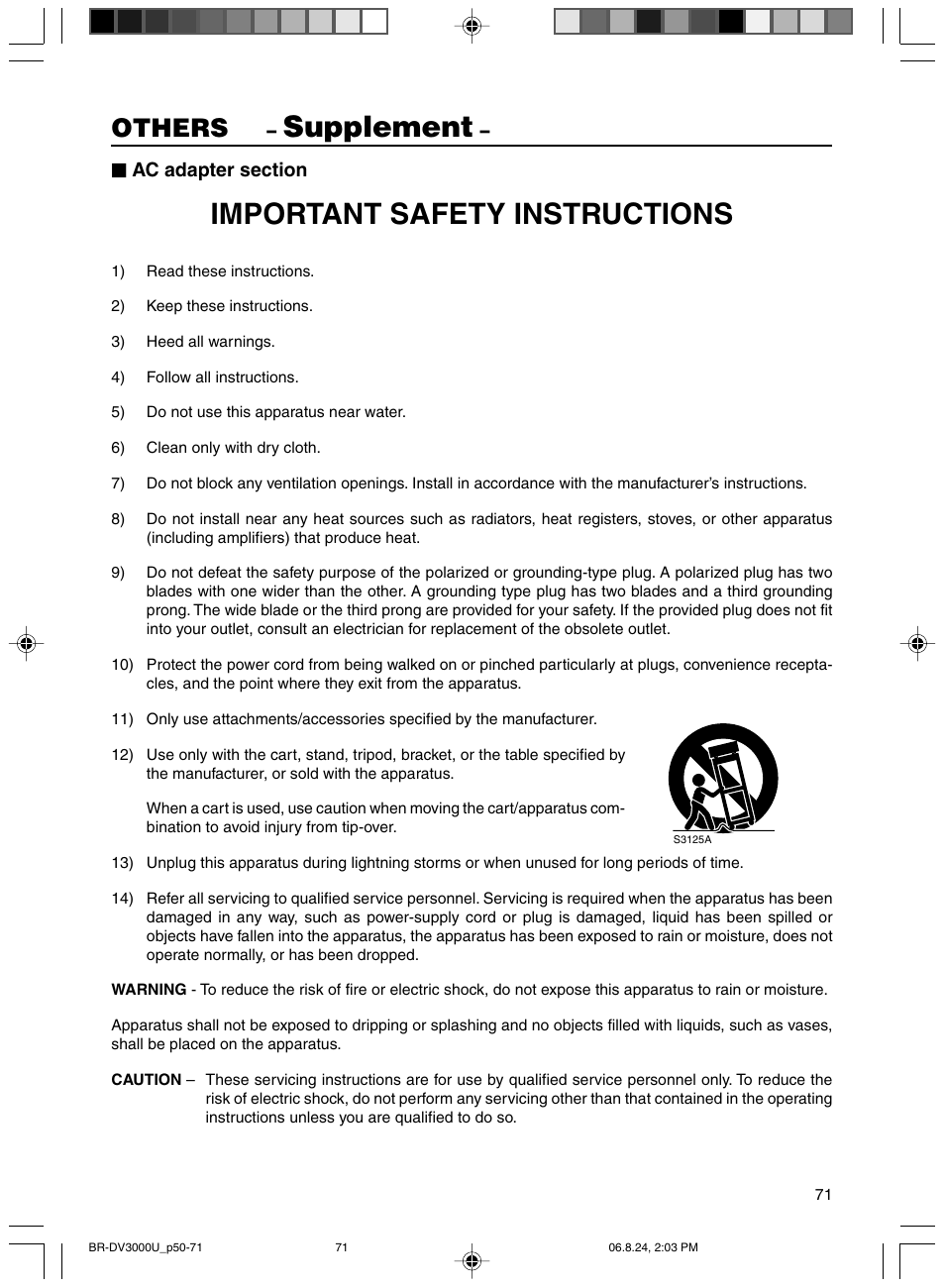 Supplement, Important safety instructions, Others | JVC BR-DV3000U User Manual | Page 71 / 72