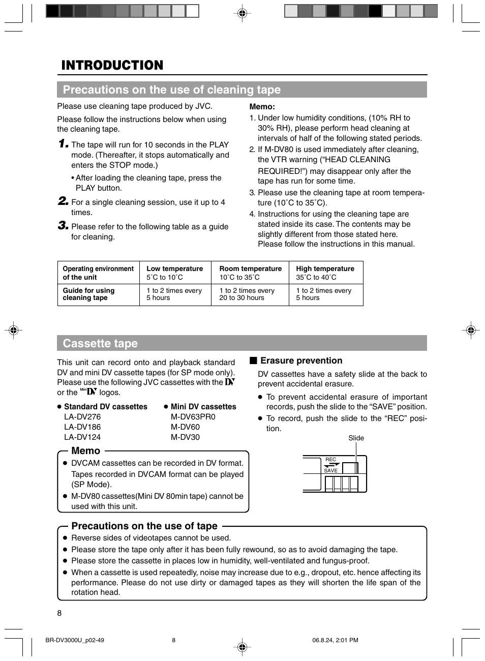 Precautions on the use of cleaning tape, Cassette tape, Introduction | Precautions on the use of tape | JVC BR-DV3000U User Manual | Page 8 / 72