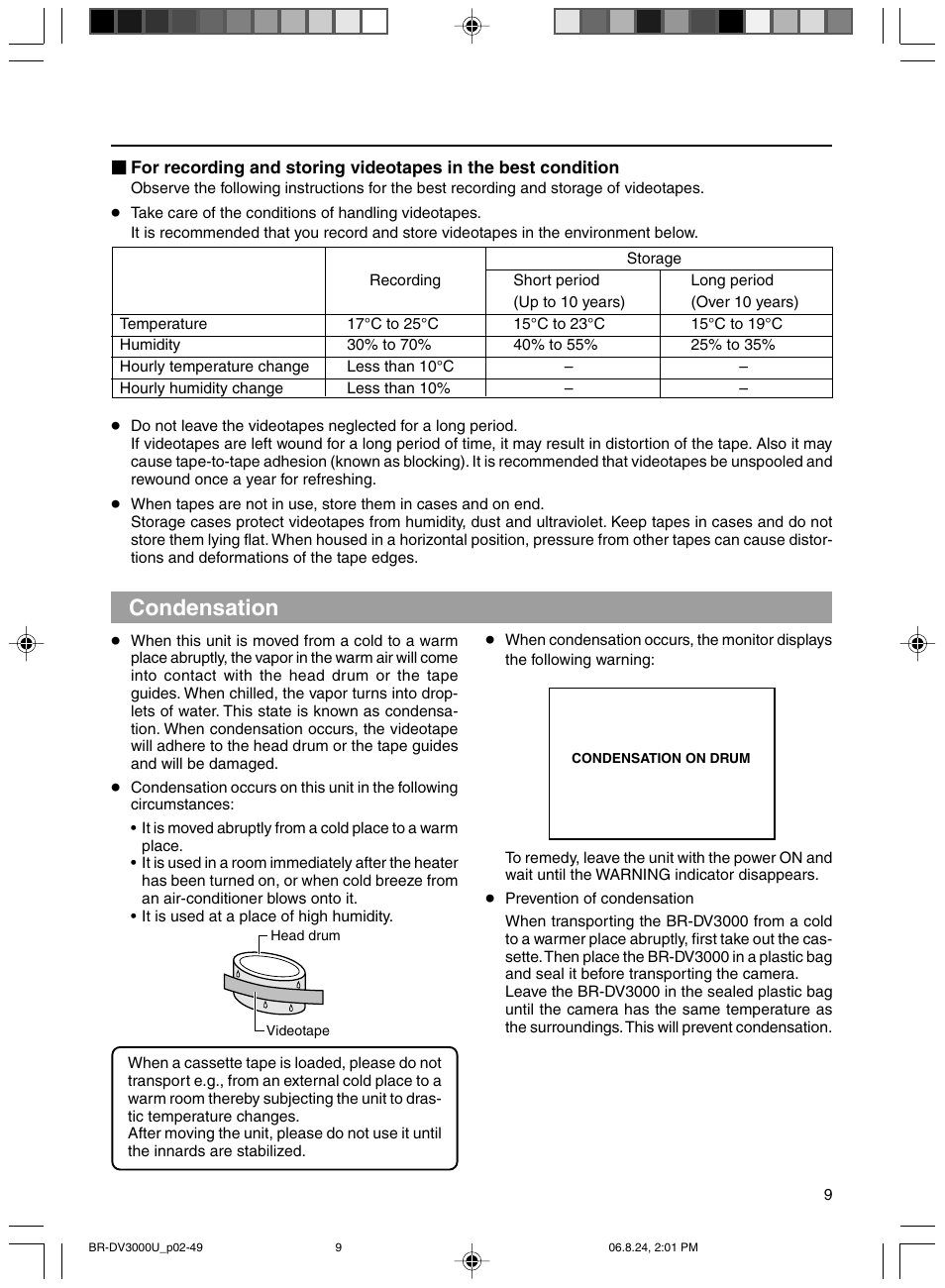 Condensation | JVC BR-DV3000U User Manual | Page 9 / 72