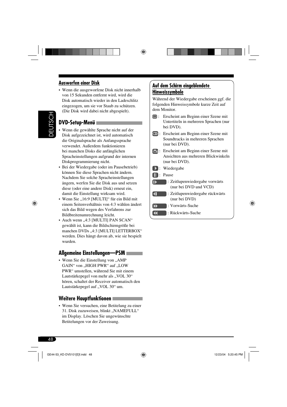 Deutsch, Dvd-setup-menü, Allgemeine einstellungen—psm | Weitere hauptfunktionen | JVC KD-DV5101 User Manual | Page 100 / 211