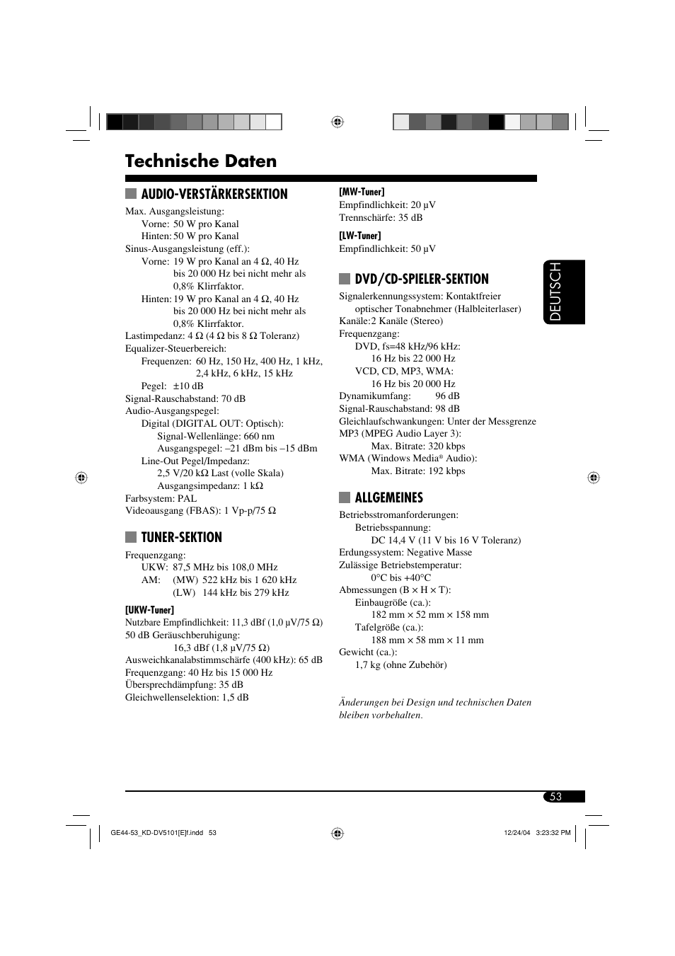 Technische daten, Deutsch, Audio-verstärkersektion | Tuner-sektion, Dvd/cd-spieler-sektion, Allgemeines | JVC KD-DV5101 User Manual | Page 105 / 211