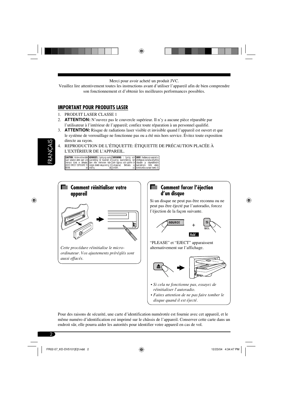 Français, Comment réinitialiser votre appareil, Comment forcer l’éjection d’un disque | JVC KD-DV5101 User Manual | Page 106 / 211