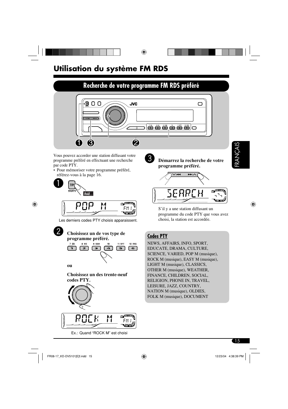 Utilisation du système fm rds, Recherche de votre programme fm rds préféré | JVC KD-DV5101 User Manual | Page 119 / 211