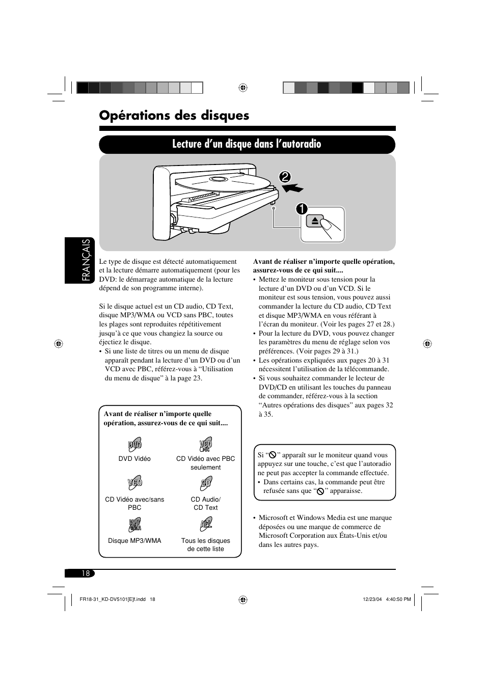 Opérations des disques, Lecture d’un disque dans l’autoradio, Français | JVC KD-DV5101 User Manual | Page 122 / 211