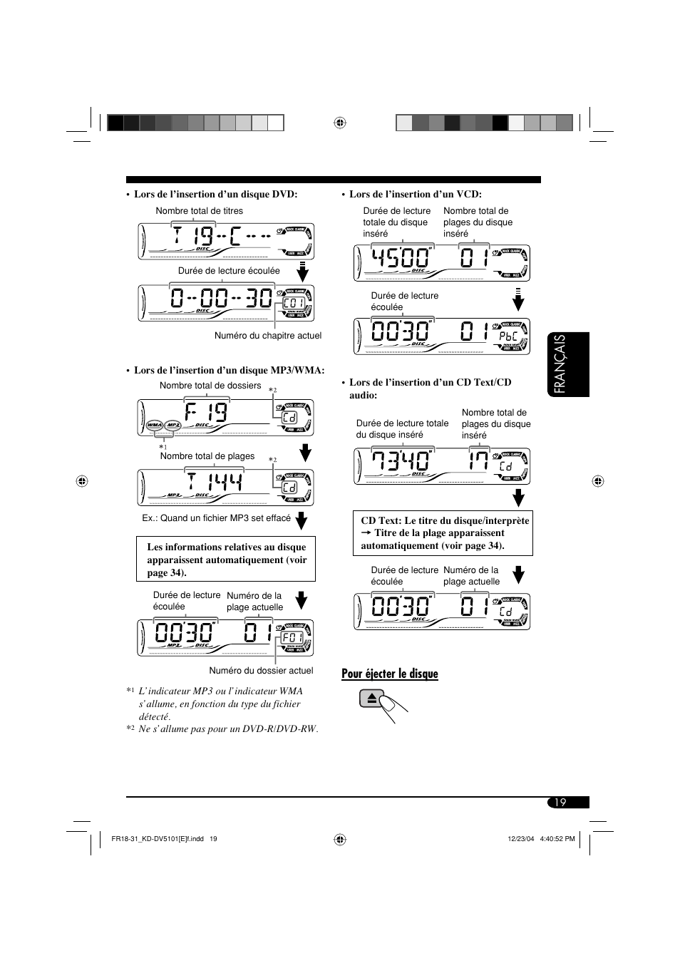 Français, Pour éjecter le disque | JVC KD-DV5101 User Manual | Page 123 / 211