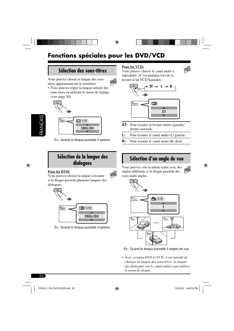 Fonctions spéciales pour les dvd/vcd, Sélection des sous-titres, Sélection de la langue des dialogues | Sélection d’un angle de vue, Français | JVC KD-DV5101 User Manual | Page 126 / 211