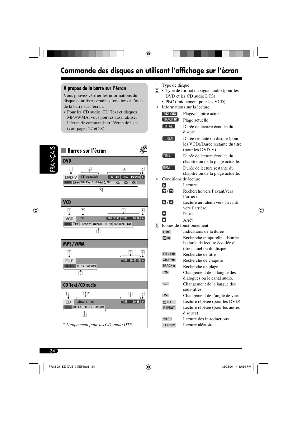 Français, Barres sur l’écran, À propos de la barre sur l’écran | JVC KD-DV5101 User Manual | Page 128 / 211