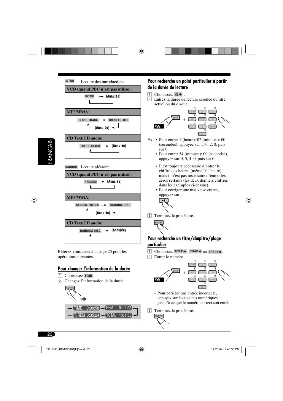 Français, Pour changer l’information de la durée, Pour recherche un titre/chapitre/plage particulier | JVC KD-DV5101 User Manual | Page 130 / 211