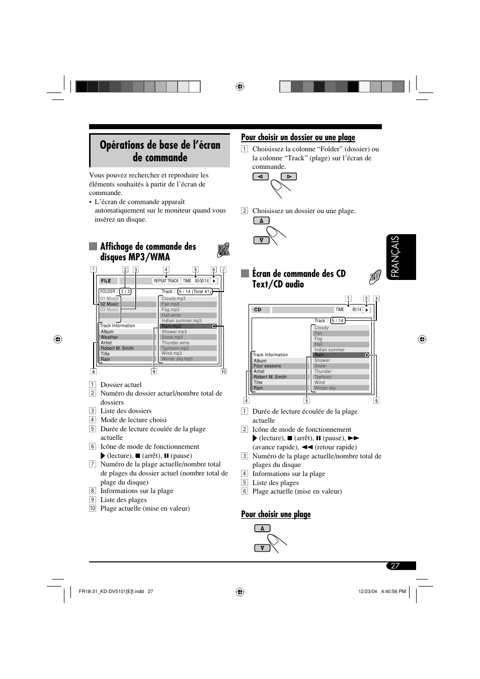 Opérations de base de l’écran de commande, Français, Écran de commande des cd text/cd audio | Affichage de commande des disques mp3/wma, Pour choisir un dossier ou une plage, Pour choisir une plage | JVC KD-DV5101 User Manual | Page 131 / 211