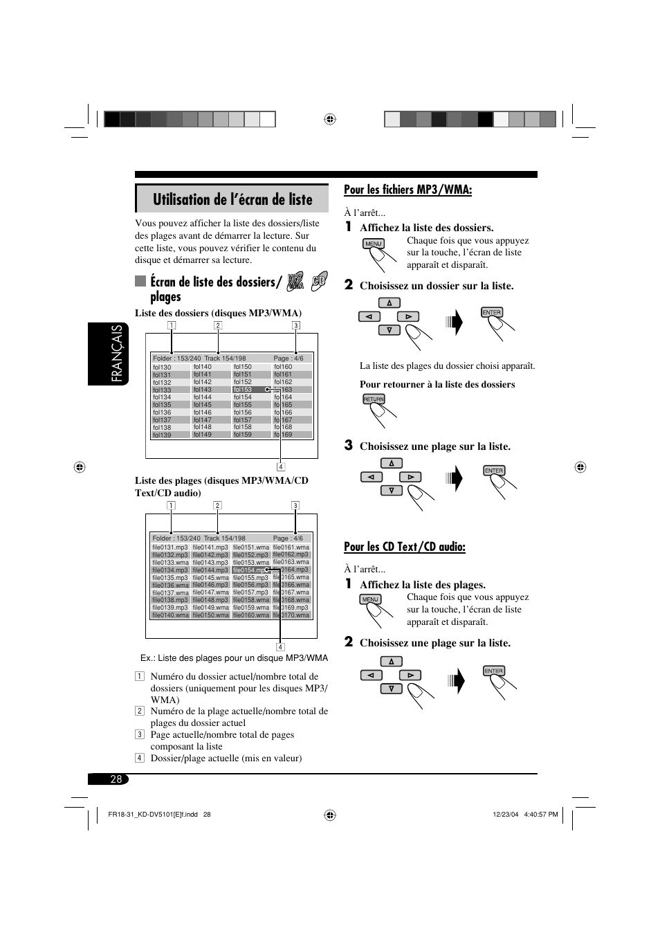 Utilisation de l’écran de liste, Français, Écran de liste des dossiers/ plages | JVC KD-DV5101 User Manual | Page 132 / 211