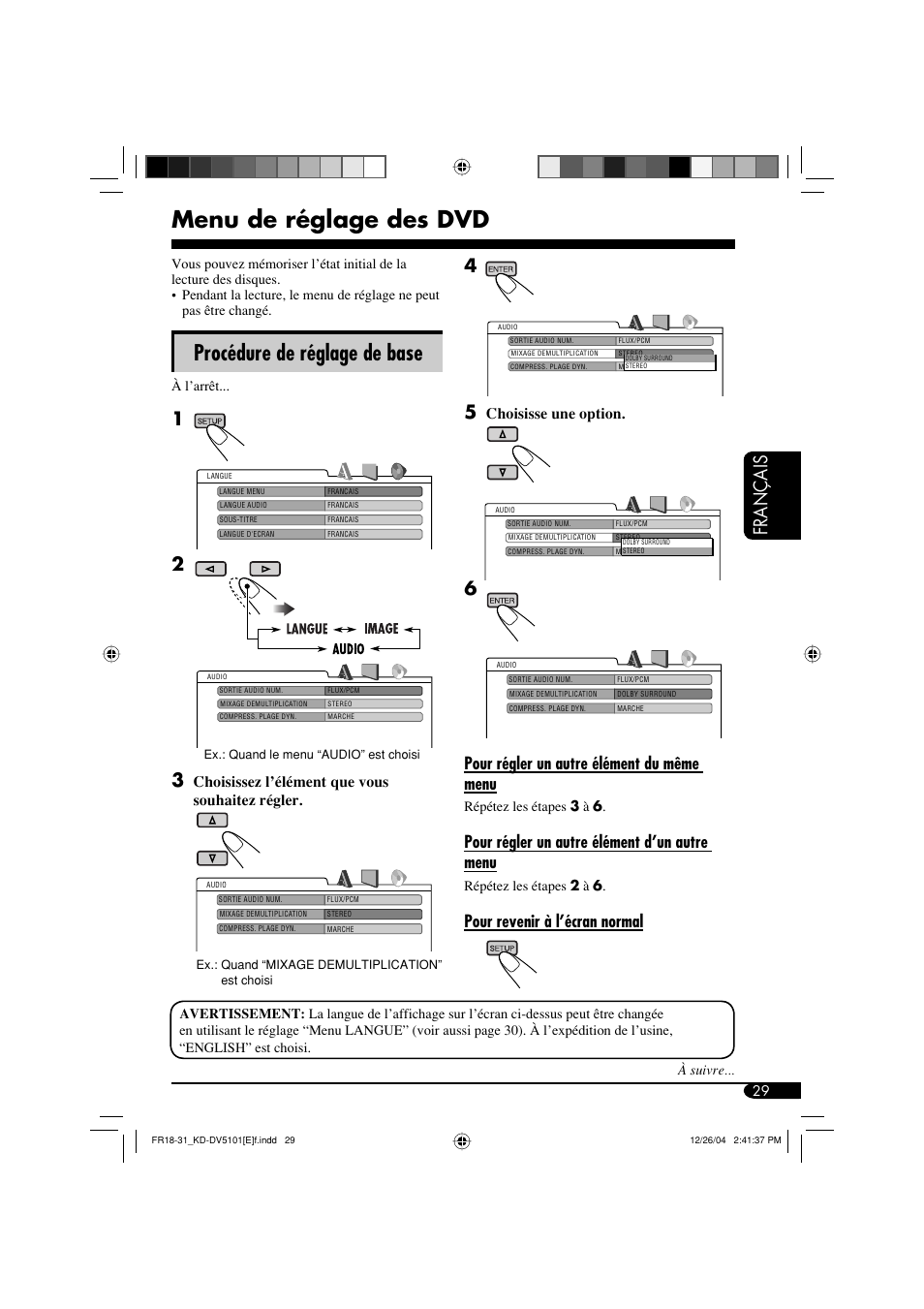 Menu de réglage des dvd, Procédure de réglage de base, Français 4 | Pour régler un autre élément du même menu, Pour régler un autre élément d’un autre menu, Pour revenir à l’écran normal, Choisisse une option, Choisissez l’élément que vous souhaitez régler | JVC KD-DV5101 User Manual | Page 133 / 211